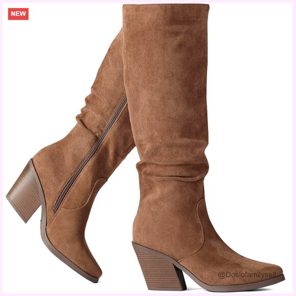 Women's Knee High Boots Pointed Toe Chunky Heel Faux Suede Side Zipper Slouchy
